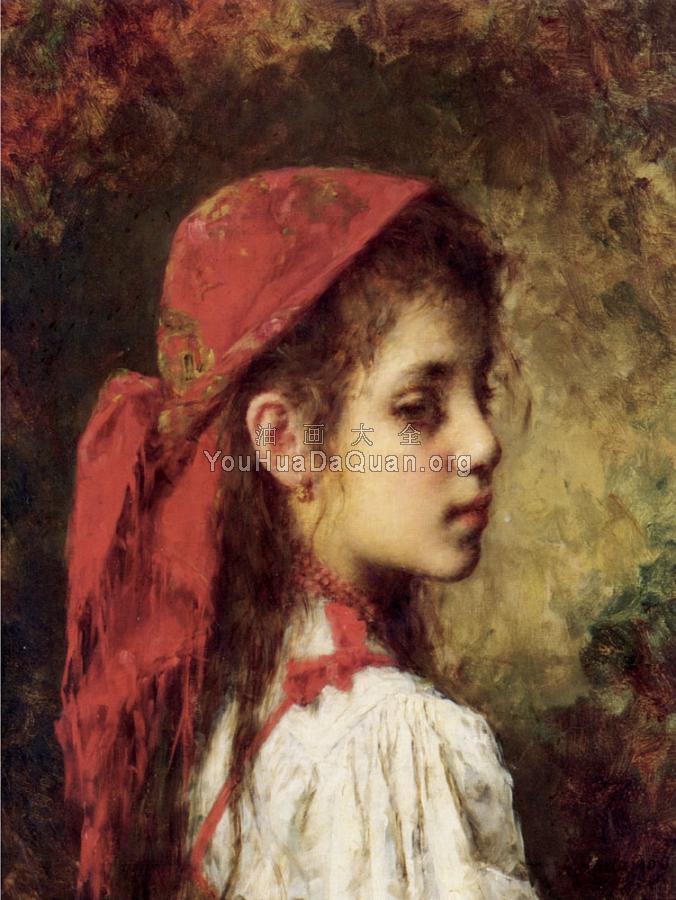 Portrait of a Young Girl in a Red Kerchief - 阿列克谢·阿列维奇·哈拉莫夫